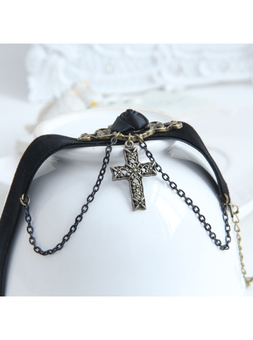 Elegant Retro Court Gothic Fashion Black Velvet Ribbon Rose Flower Tassel Cross Pendant Female Anklet