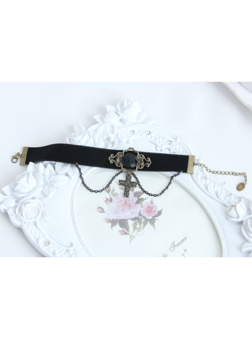 Elegant Retro Court Gothic Fashion Black Velvet Ribbon Rose Flower Tassel Cross Pendant Female Anklet