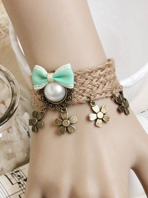 Retro Fashion Personality Artificial Pearl Flower Green Bow Female Hemp Rope Bracelet