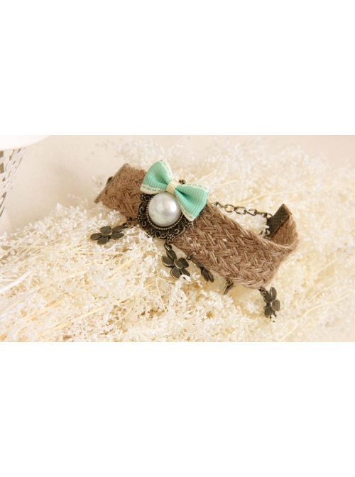 Retro Fashion Personality Artificial Pearl Flower Green Bow Female Hemp Rope Bracelet