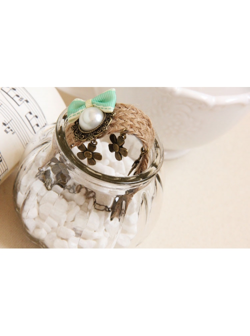 Retro Fashion Personality Artificial Pearl Flower Green Bow Female Hemp Rope Bracelet