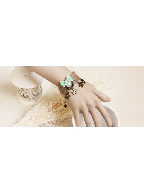 Retro Fashion Personality Artificial Pearl Flower Green Bow Female Hemp Rope Bracelet
