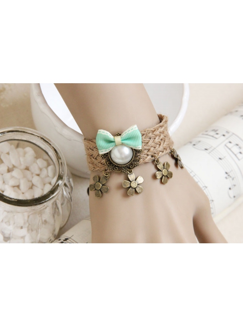 Retro Fashion Personality Artificial Pearl Flower Green Bow Female Hemp Rope Bracelet
