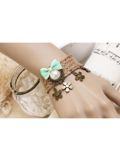 Retro Fashion Personality Artificial Pearl Flower Green Bow Female Hemp Rope Bracelet