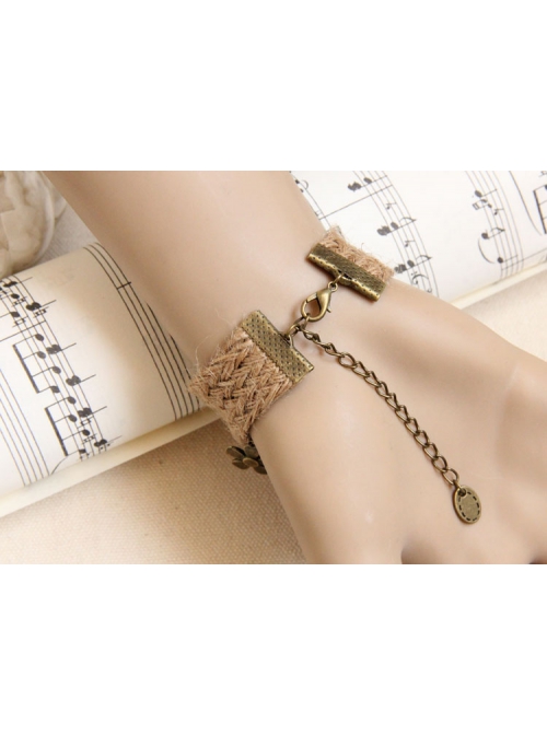Retro Fashion Personality Artificial Pearl Flower Green Bow Female Hemp Rope Bracelet