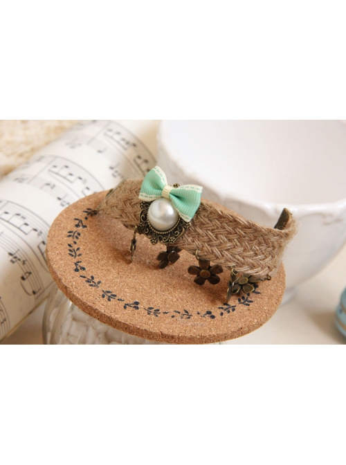Retro Fashion Personality Artificial Pearl Flower Green Bow Female Hemp Rope Bracelet