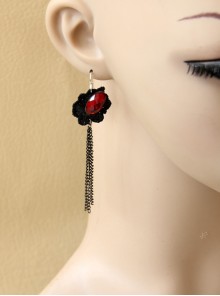 Vintage Ruby Black Lace Flower Gothic Fashion Tassel Female Long Earrings