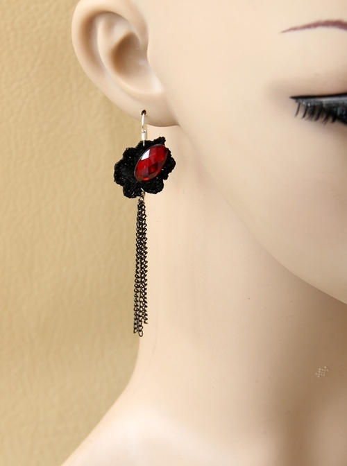 Vintage Ruby Black Lace Flower Gothic Fashion Tassel Female Long Earrings