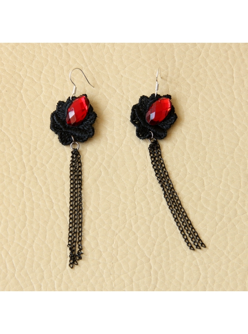 Vintage Ruby Black Lace Flower Gothic Fashion Tassel Female Long Earrings