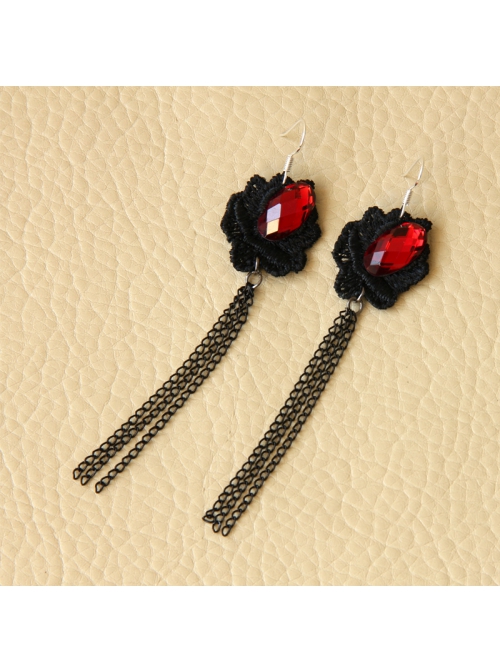 Vintage Ruby Black Lace Flower Gothic Fashion Tassel Female Long Earrings