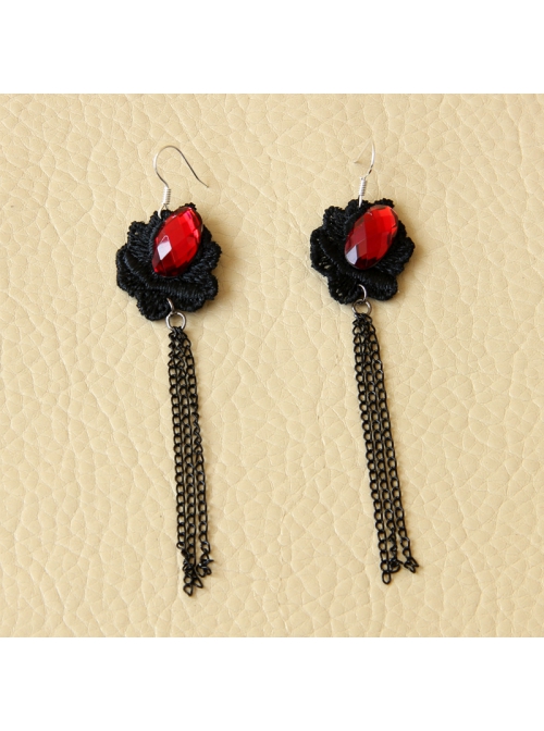Vintage Ruby Black Lace Flower Gothic Fashion Tassel Female Long Earrings
