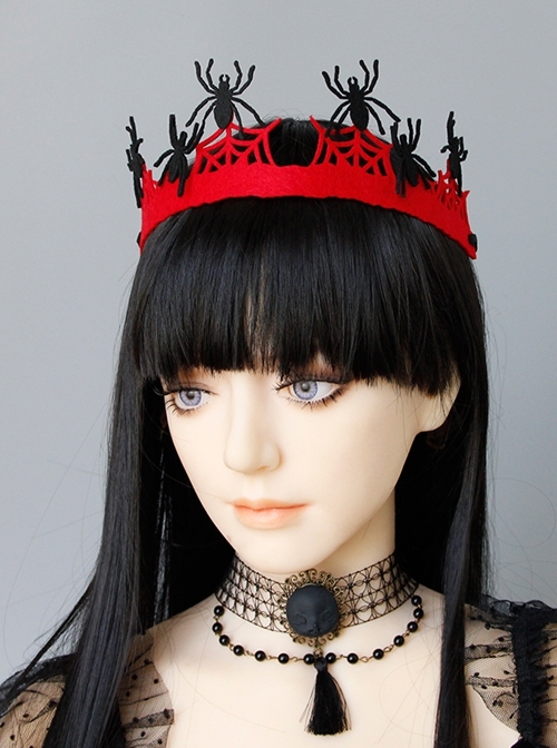 Baroque Goth Fashion Dark Spider Red Spider Web Queen Crown Halloween Prom Hairband