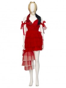 The Suicide Squad Harley Quinn Halloween Cosplay Costume Red Tulle Halter Asymmetric Hem Dress