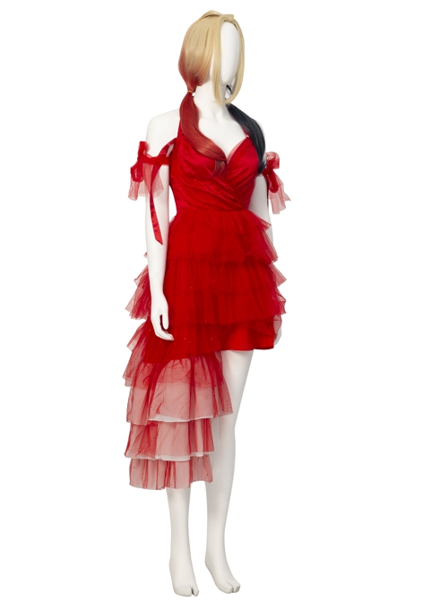 The Suicide Squad Harley Quinn Halloween Cosplay Costume Red Tulle Halter Asymmetric Hem Dress