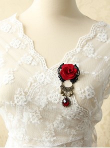 Gothic Retro Fashion Red Rose Flower Gemstone Black Lace Bell Fabric Female Brooch