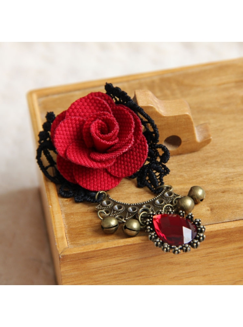 Gothic Retro Fashion Red Rose Flower Gemstone Black Lace Bell Fabric Female Brooch