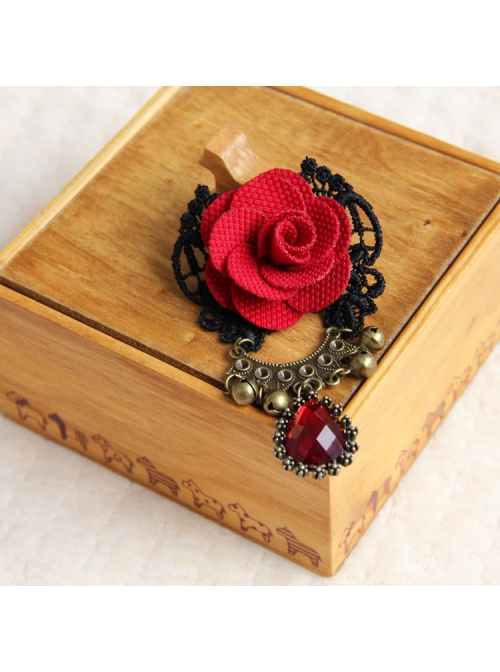 Gothic Retro Fashion Red Rose Flower Gemstone Black Lace Bell Fabric Female Brooch