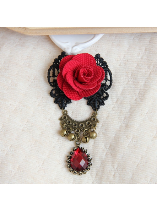 Gothic Retro Fashion Red Rose Flower Gemstone Black Lace Bell Fabric Female Brooch