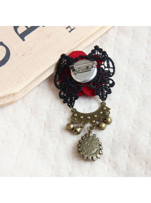 Gothic Retro Fashion Red Rose Flower Gemstone Black Lace Bell Fabric Female Brooch