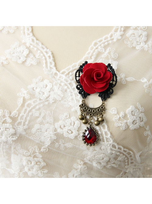 Gothic Retro Fashion Red Rose Flower Gemstone Black Lace Bell Fabric Female Brooch