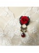 Gothic Retro Fashion Red Rose Flower Gemstone Black Lace Bell Fabric Female Brooch