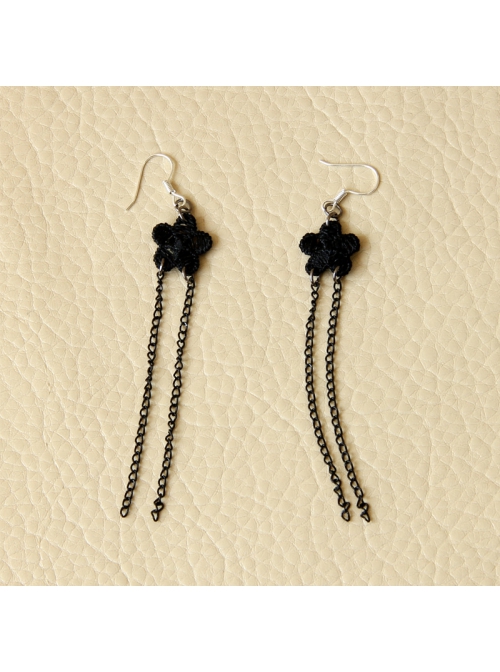 Retro Gothic Fashion Personality Black Lace Flower Tassel Female Long Earrings