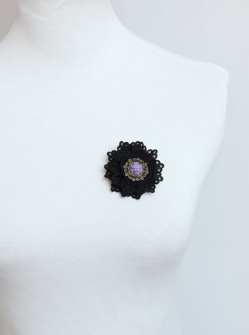 Gothic Fashion Personality Black Lace Purple Rose Flower Retro Handmade Female Brooch