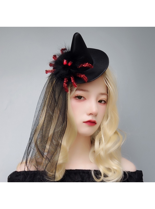 Halloween Horror Funny Red Spider Black Mesh Gothic Festival Wizard Hat Hairpin