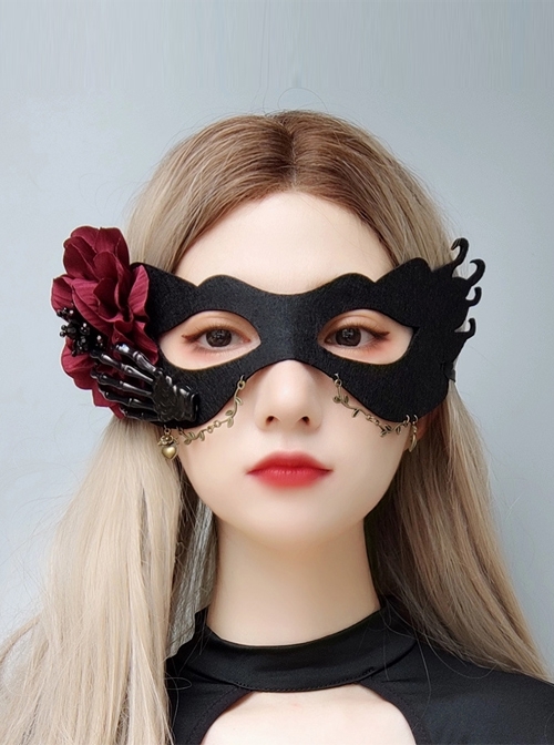 Halloween Christmas Burgundy Flower Black Skull Hand Female Wizard Grim Reaper Half Face Prom Party Mask