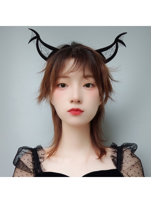 Fashion Retro Halloween Grim Reaper Bat Black Mesh Devil Horns Prom Party Headband
