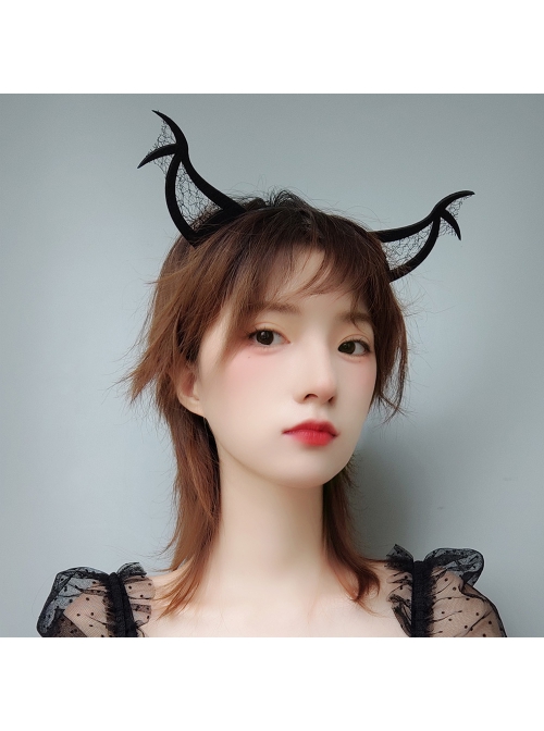 Fashion Retro Halloween Grim Reaper Bat Black Mesh Devil Horns Prom Party Headband