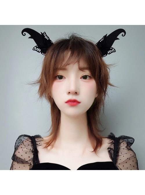 Halloween Retro Fashion Black Butterfly Elf Horns Devil Horns Butterfly Female Hair Band