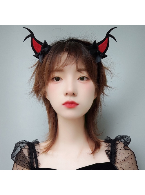 Halloween Cute Fashion Retro Red Devil Horns Black Bow Funny Prom Party Female Headband
