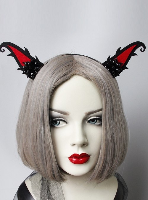 Halloween Gothic Retro Fashion Handmade Black Beaded Grim Reaper Witch Devil Horns Female Headband