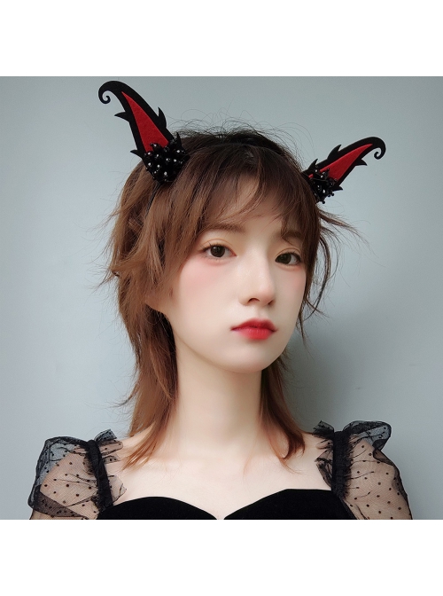 Halloween Gothic Retro Fashion Handmade Black Beaded Grim Reaper Witch Devil Horns Female Headband