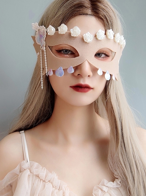 Halloween Christmas Holiday Party Mermaid Shell White Flower Tassel Adult Male Female Beige Mask