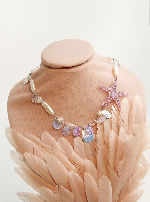 Fashion Elegant Personality Mermaid White Artificial Pearl Pink Starfish Colorful Shell Female Necklace
