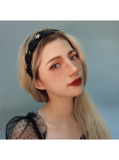 Halloween Fashion Retro Stars Black Mesh Skull Personality Wide Female Headband