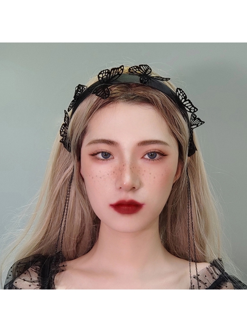 Gothic Lolita Fashion Retro Black Butterfly Tassel Halloween Prom Party Exaggerated Female Headband