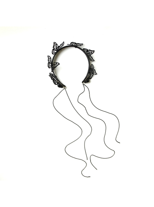 Gothic Lolita Fashion Retro Black Butterfly Tassel Halloween Prom Party Exaggerated Female Headband