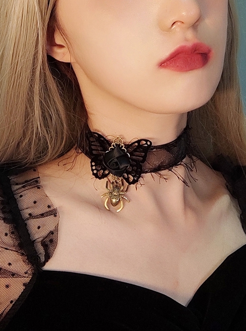 Retro Fashion Personality Halloween Spider Black Rose Butterfly Tassel Female Personality Choker