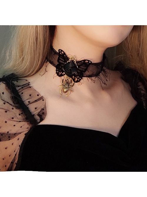 Retro Fashion Personality Halloween Spider Black Rose Butterfly Tassel Female Personality Choker