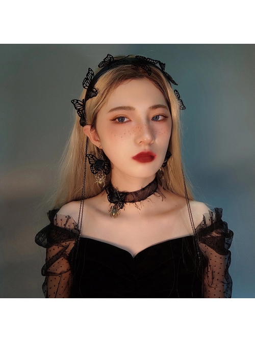 Retro Fashion Personality Halloween Spider Black Rose Butterfly Tassel Female Personality Choker