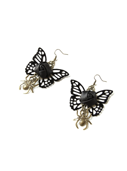 Halloween Fashion Gothic Spider Black Butterfly Female Fabric Rose Flower Personality Retro Earrings