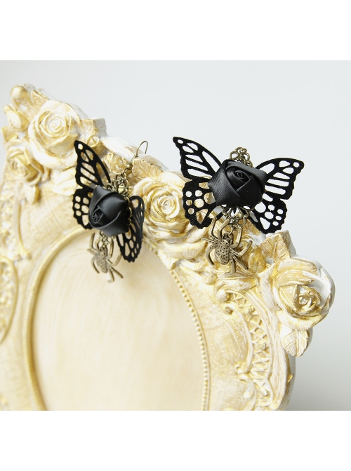 Halloween Fashion Gothic Spider Black Butterfly Female Fabric Rose Flower Personality Retro Earrings
