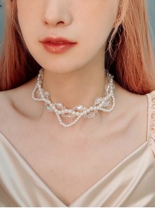 Fashion Baroque White Imitation Pearl Crystal Beaded Bridal Short Necklace