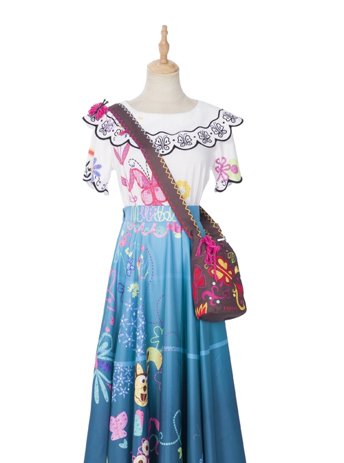 Encanto Mirabel Cute Printing Blue Long Skirt Suit Halloween Cosplay Costume White Top
