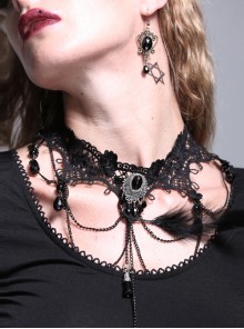 Black Feather Lace Crystal Pendant Gothic Necklace