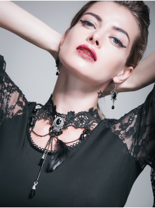 Black Feather Lace Crystal Pendant Gothic Necklace