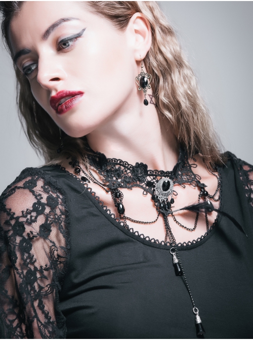 Black Feather Lace Crystal Pendant Gothic Necklace